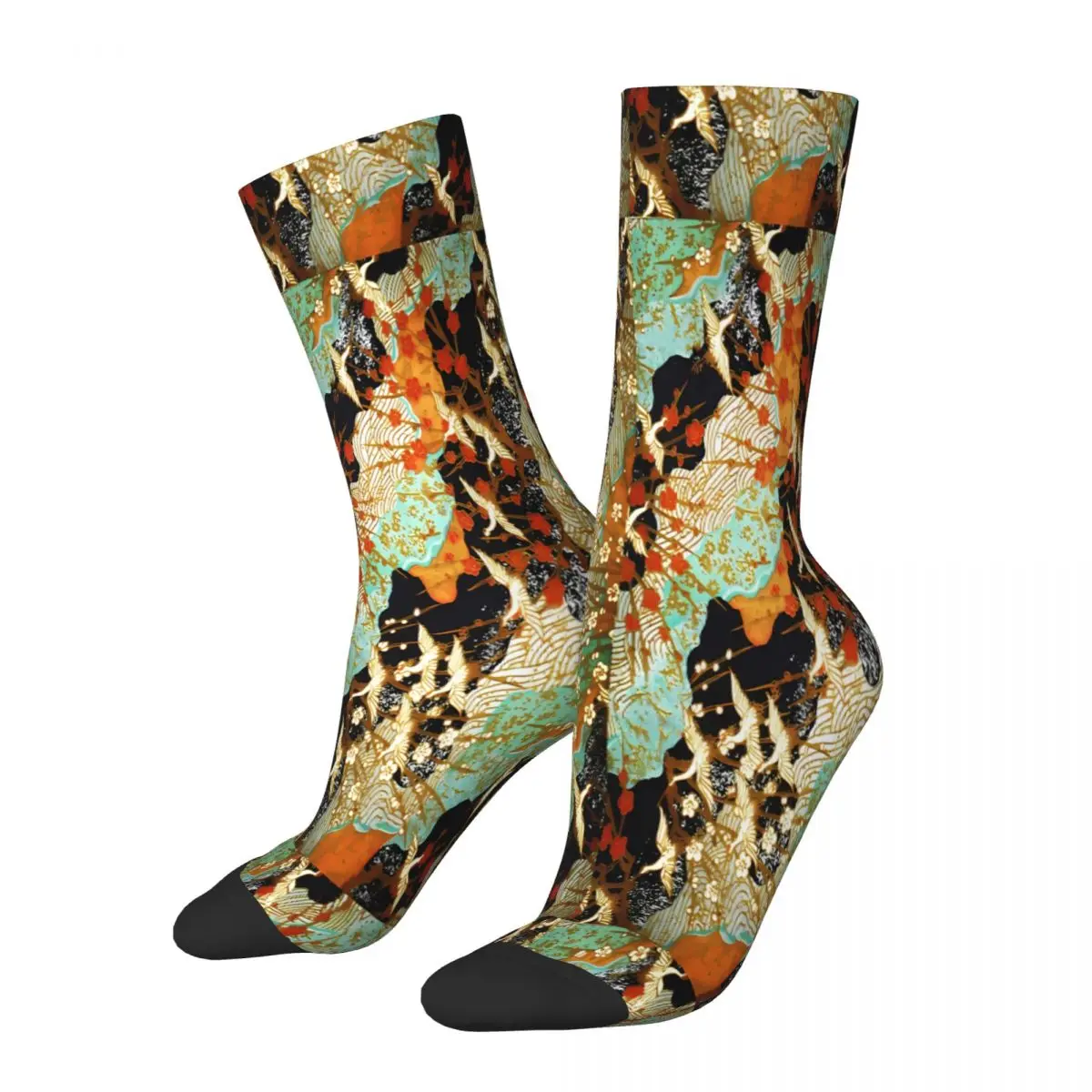 FLYING CRANES AND SPRING FLOWERS Antique Floral Japanese Socks Male Mens Women Autumn Stockings Printed