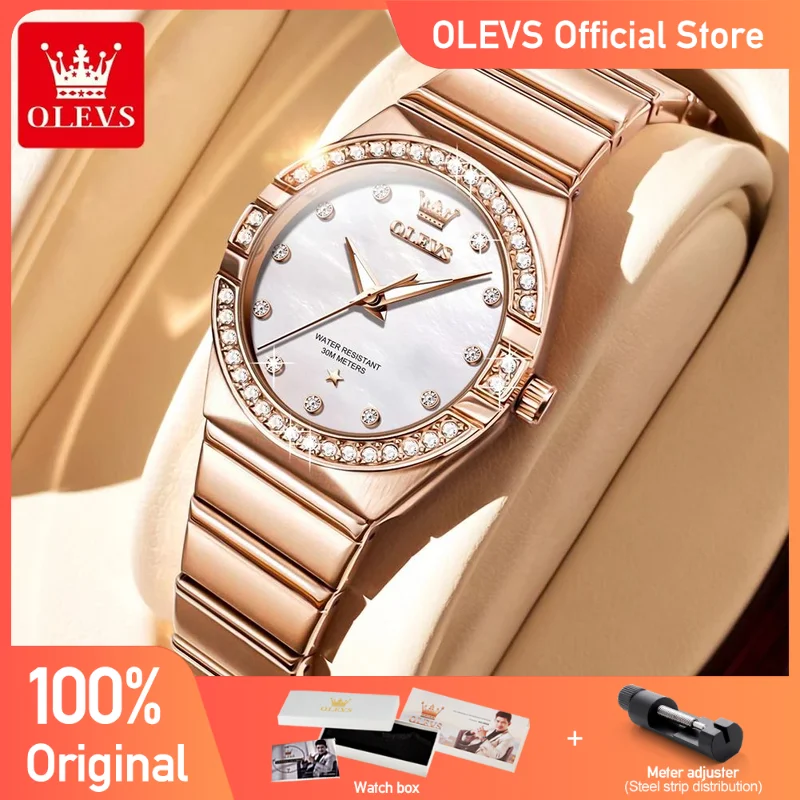 OLEVS Women\'s Watches Fashion Elegant Original Quartz Watch for Ladies Shining Diamond Case Waterproof Luminous Bracelet Set