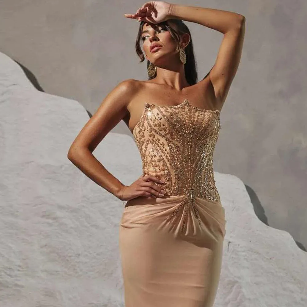 Gaun Pesta Tanpa Tali Model Bodycon untuk Tamu Pernikahan/Prom dengan Syal, Gaun Malam Berbahan Chiffon Pink untuk Acara Formal