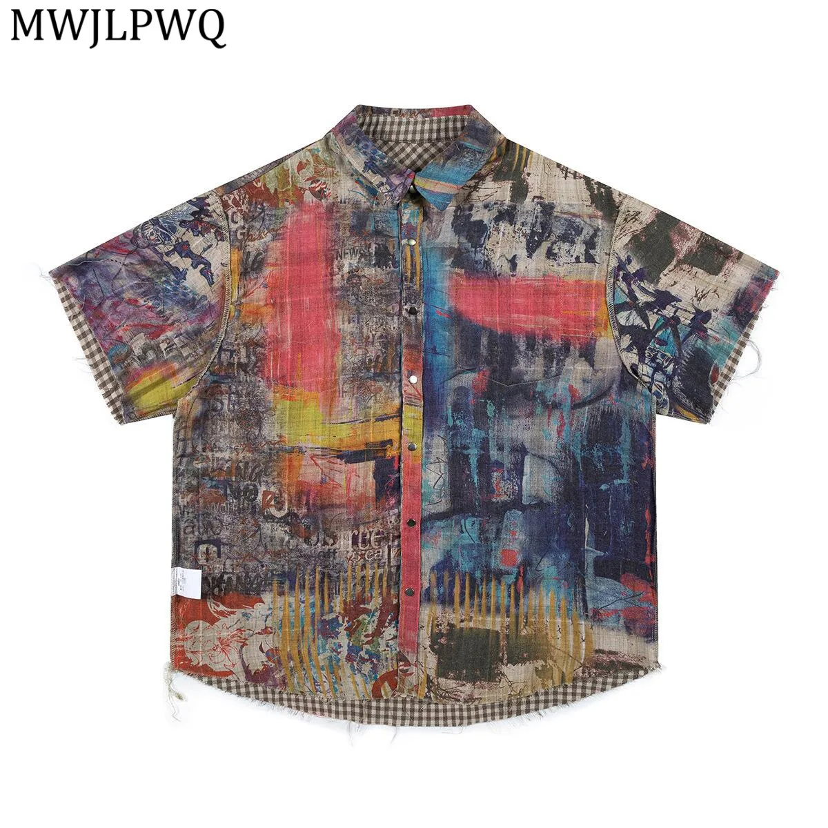 

MWJLPWQ Graffiti Plaid Reversible Design Shirt Men's Distressed Lapel Short Sleeve Loose Casual Tops Autumn 2025 Trendy 21044