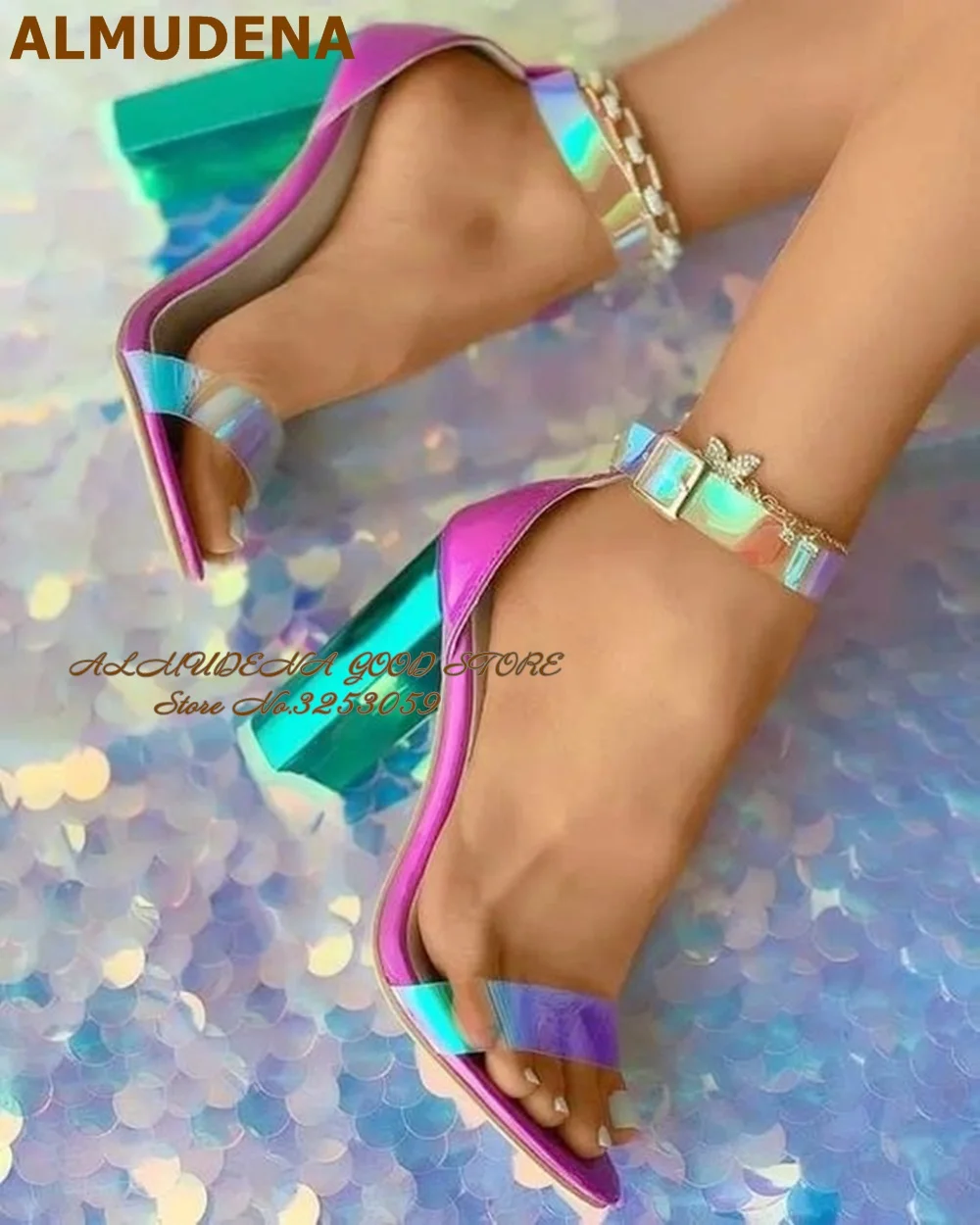 

Surkova Hologram Iridescent PVC Single Strap Sandals Green Chunky Heel Dress Shoes Color Patchwork Buckle Block Heel Pumps
