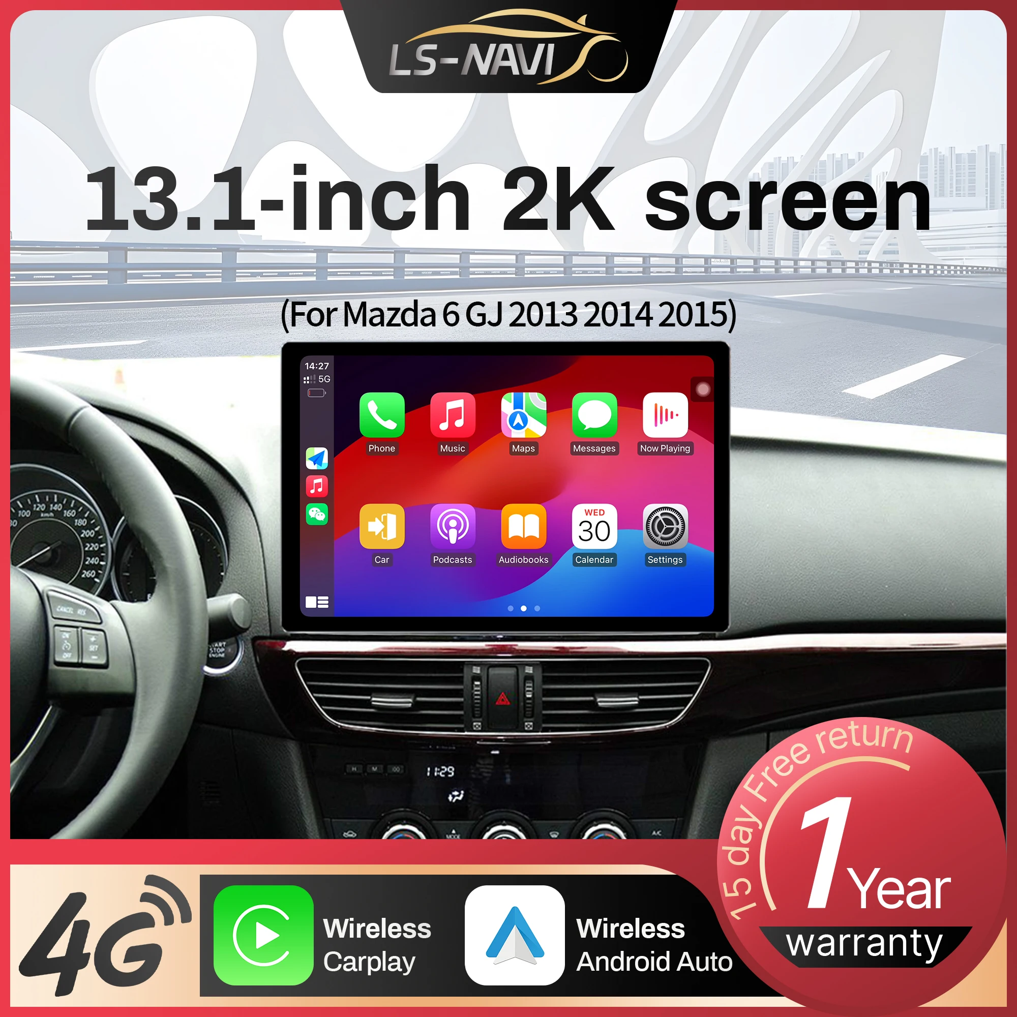 

13.1 inch Android For Mazda 6 GJ 2013 2014 2015 Car Radio Wireless Bluetooth Carplay GPS Multimedia Touch QLED Screen Stereo
