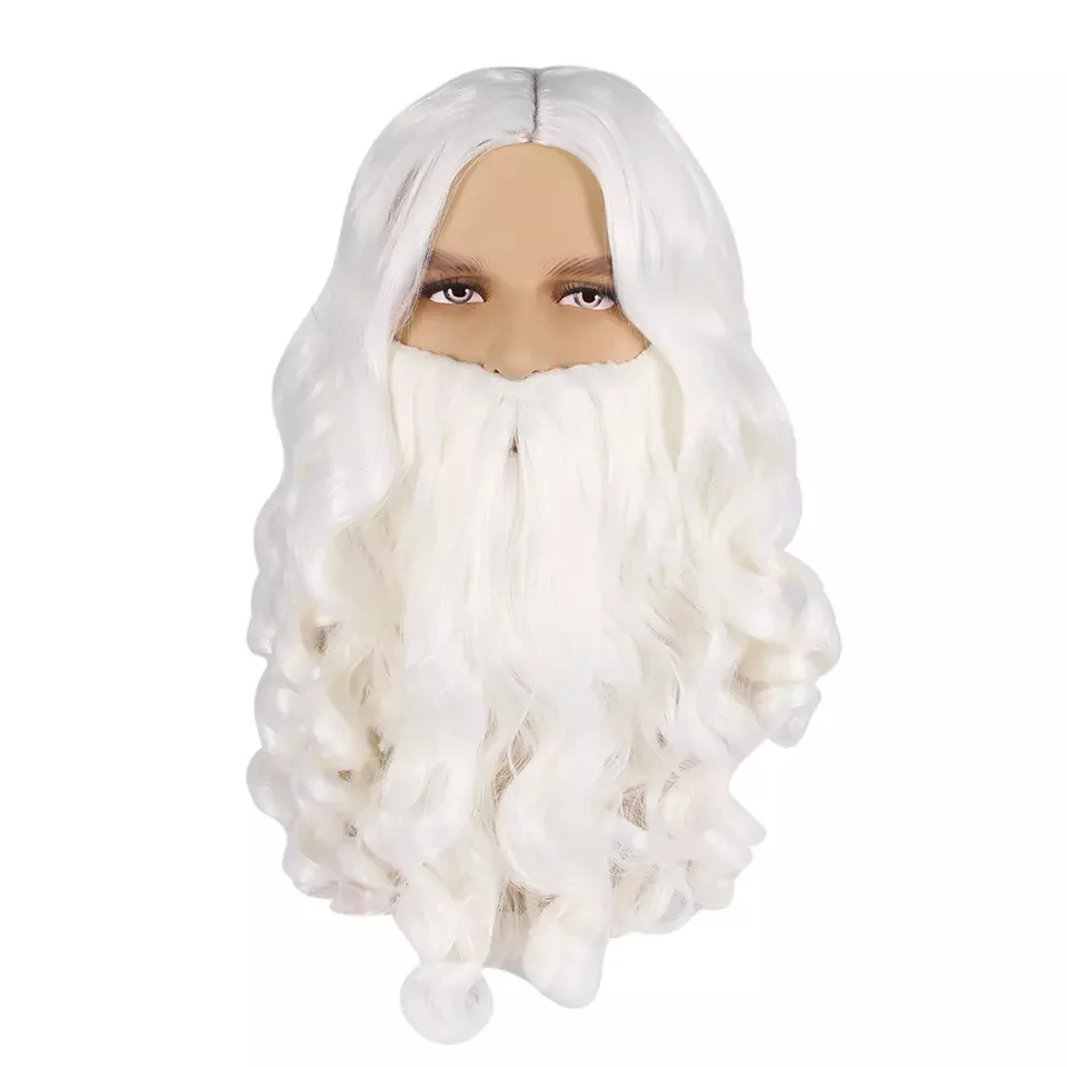 Christmas cosplay outfit with white split long curly hair and beard set, Santa Claus grandpa wig, long curly beard