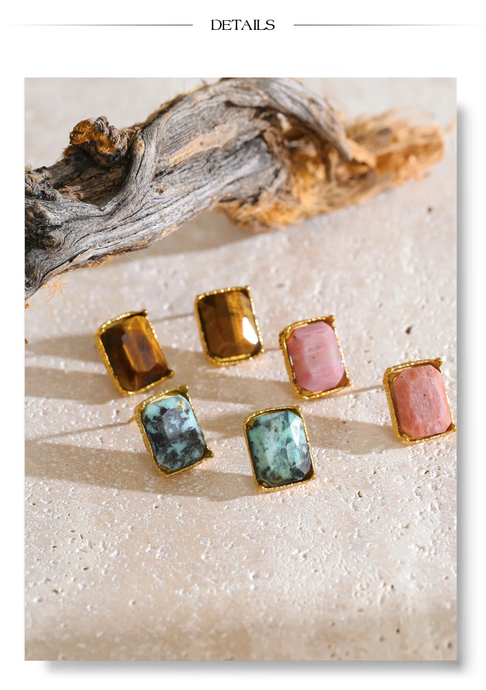 Yhpup Edelstahl-Ohrstecker 2026 Neuheiten Afrikanischer Türkis Rhodochrosit Tigerauge Rechteckiger Beliebter Schmuck – Detail 10