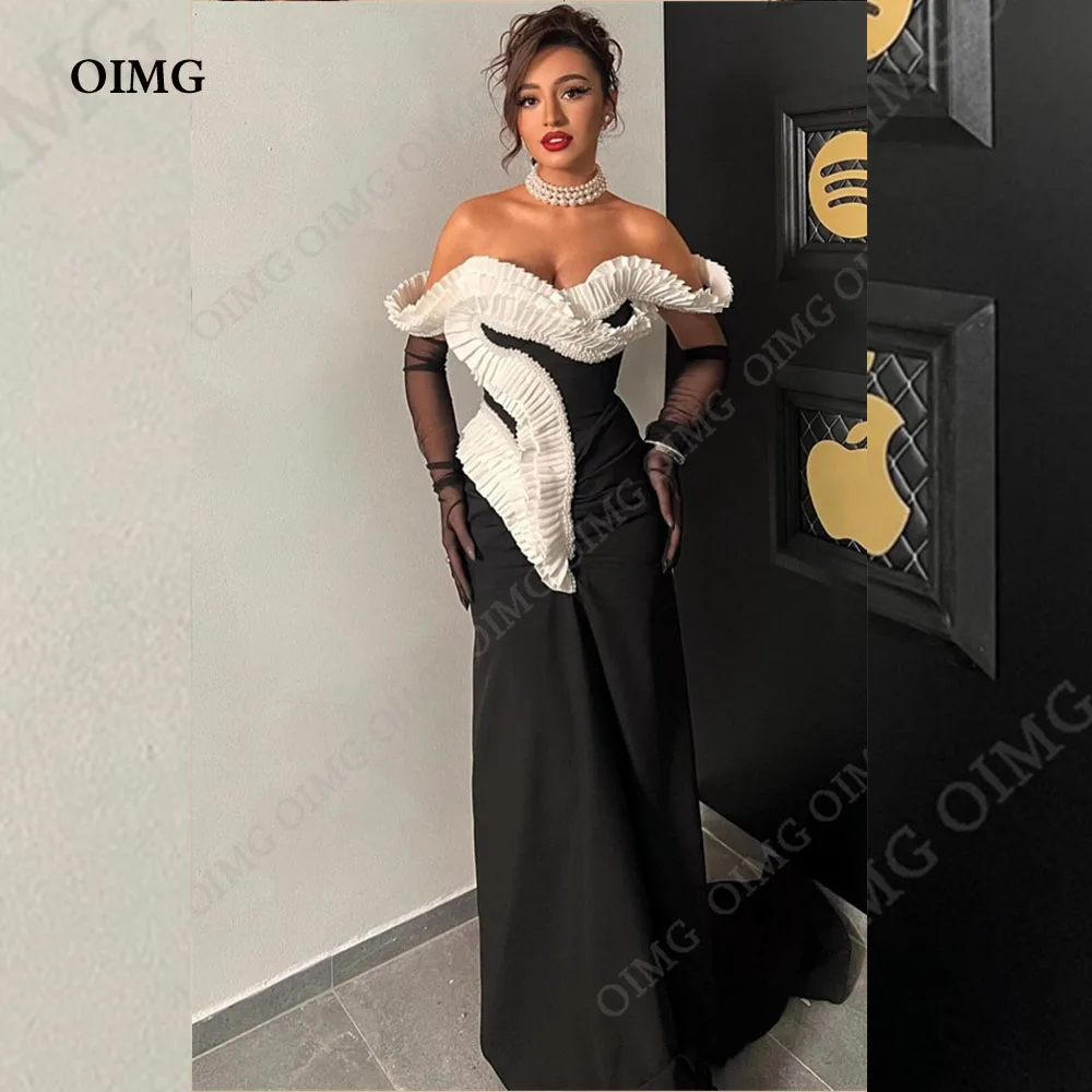 

OIMG Charming Mermaid Evening Party Dress Abendkleider Dubai Black/White Long Sleeves Stain Saudi Arabic Long Formal Prom Gowns