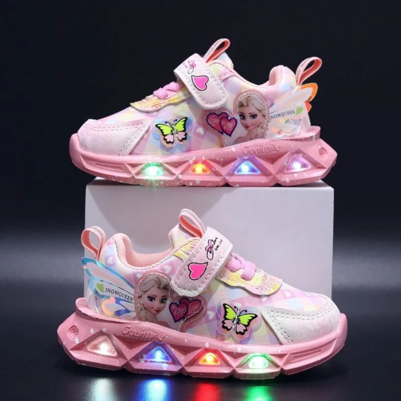 Disney LED Children Casual Sneakers for Spring Autumn Girls Frozen Elsa Princess Pu Leather Shoes Toddler Non-slip Walking Shoes