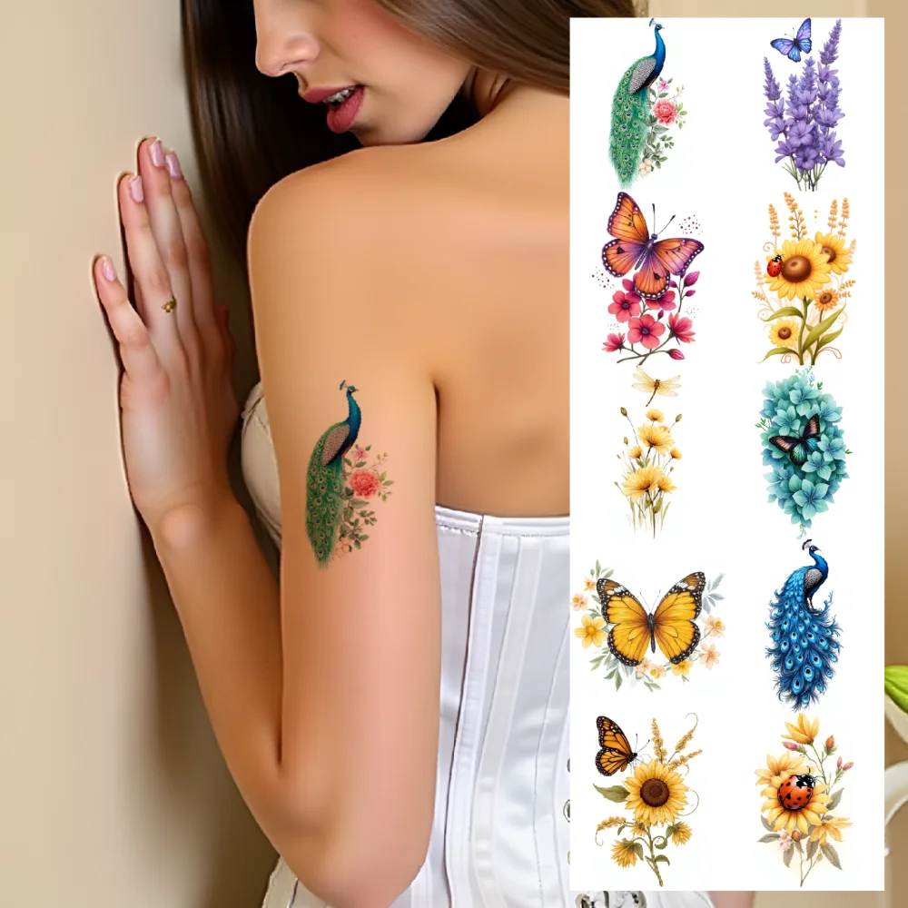 

28pcs Temporary Tattoo Colorful Sunflower Ladybug Squirrel For Back Shoulders Adult