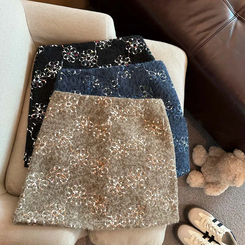 French Retro Embroidered Jacquard Woolen Skirt for Women Luxury Black A-line Half Skirts Sexy Mini Party Skirts Autumn Winter