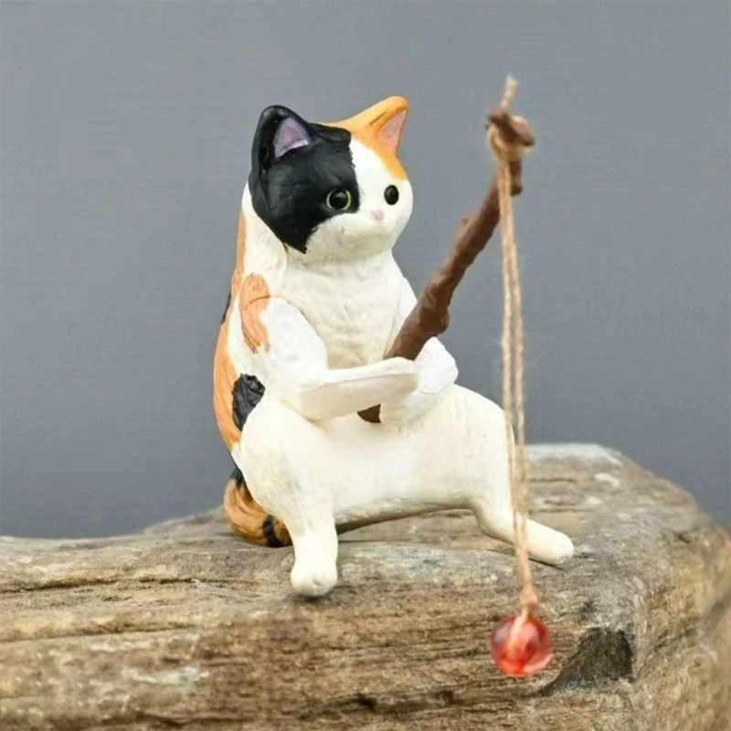Fishing Cat Ornaments Aquarium Decoration Fish Landscaping Cartoon Cat Statue Mini Resin Figurine Home Decorations