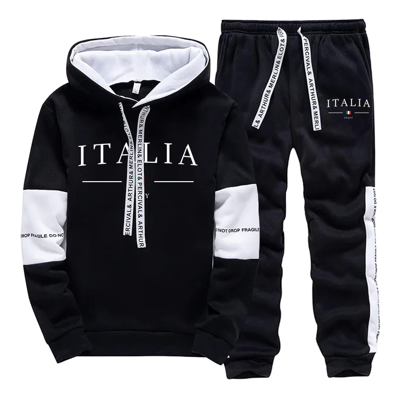 Tuta da uomo casual Stampa Felpe Sport quotidiani Jogging Abbigliamento uomo Nero Bianco Streetwear Felpe con cappuccio monopezzo Pantaloni