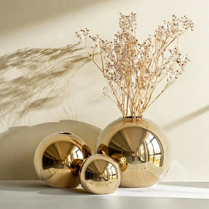 Luxury Galvanized Silver Ball Ceramic Vase Living Room Dining Table Art Vase Plant Flower Flower Arrangement Countertop Ornament