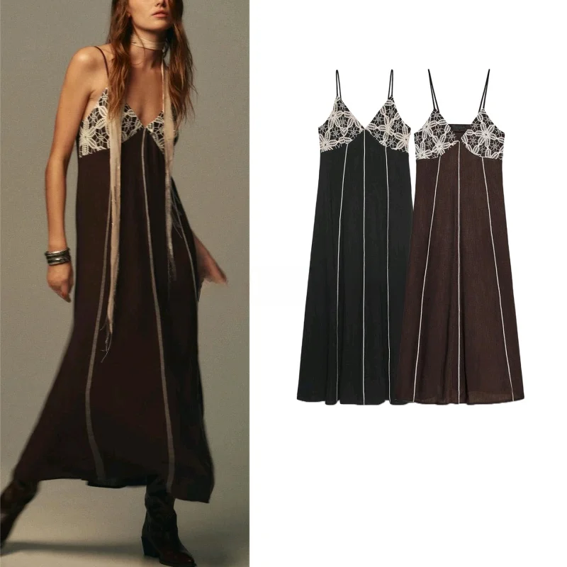 Fall Women's Color Blo Embroidery V-Ne Strap Midi Dr High Waist A-Line Skirt Polyester Fiber No Sve Casual Wear