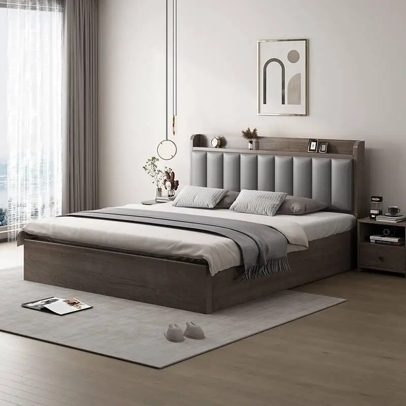 Solid wood bed Modern simple 1.5 meters  Double bed Master bedroom 1.8 Storage rental house Single bed rack