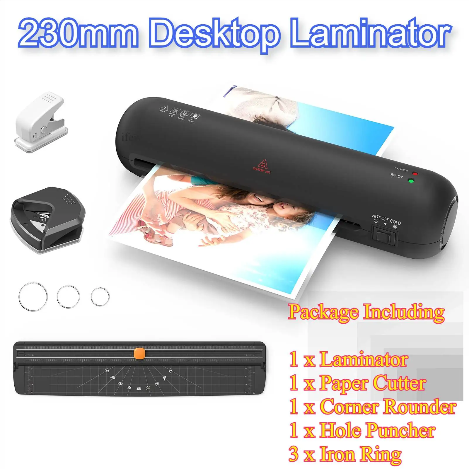 

Mini Lamninating Machine Laminator Device Set Hot and Cold Lamination 2 Roller System with Paper Cutter Rounder Hole A4 230mm