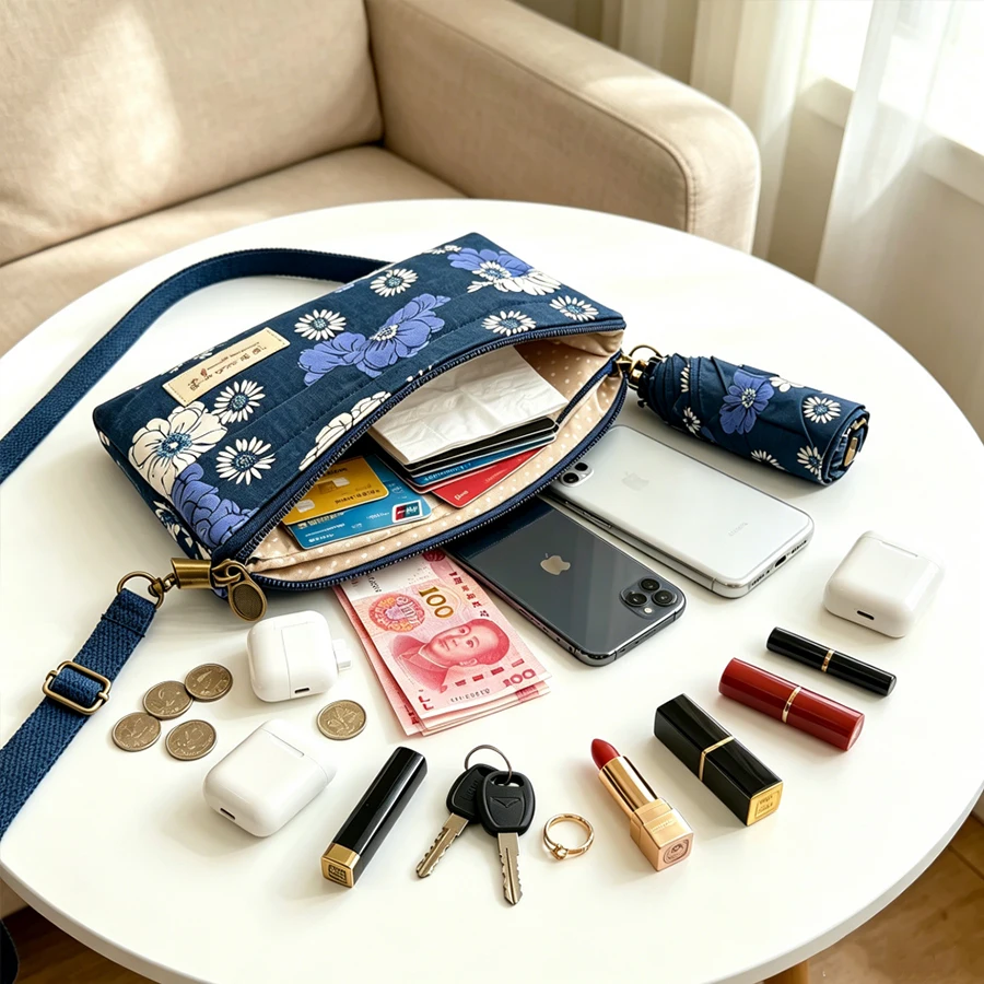 Modische Stofftasche im Landhausstil mit mehrschichtigem Diagonalkreuzstich aus Baumwolle für Damen, geeignet für Mobiltelefone. – Detail 5
