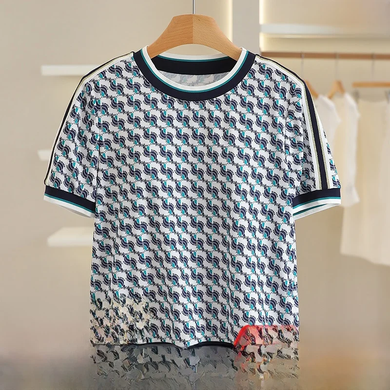 

Casual Striped round Ne Loose ort Sve Summer Top Women's Faion New Arrival 2025 Spring Summer Season Ladies T-irt