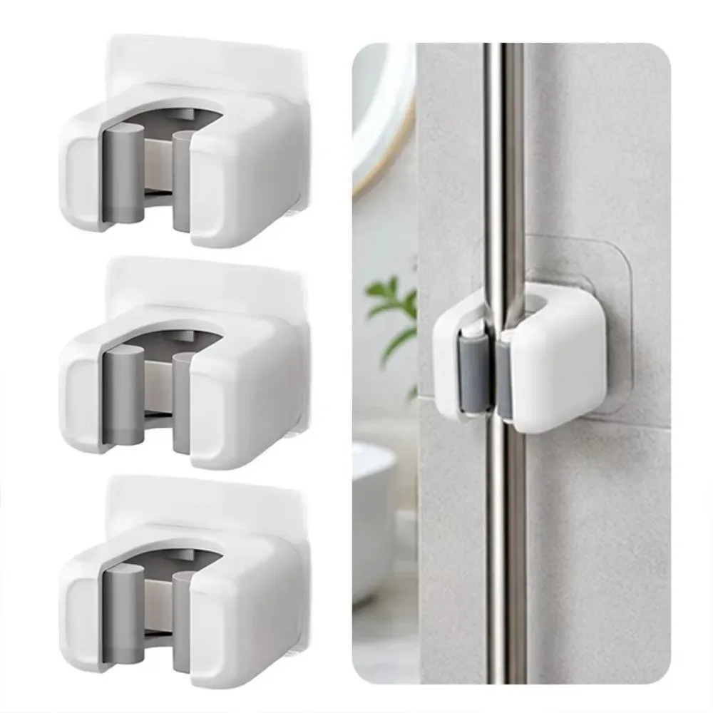 No Drill Installation Mop Holder Hook Waterproof Strong Adhesive Mop Wall Holder Wall Mounted Plastic Mop Clip Bathroom Storage