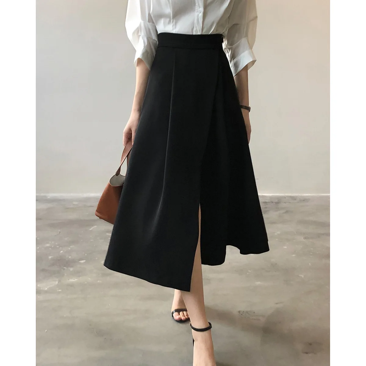 Women's Skirts High Waist Mid-Length A-line Skirt Business Lounge Pleated Women Bottoms Elegant Split