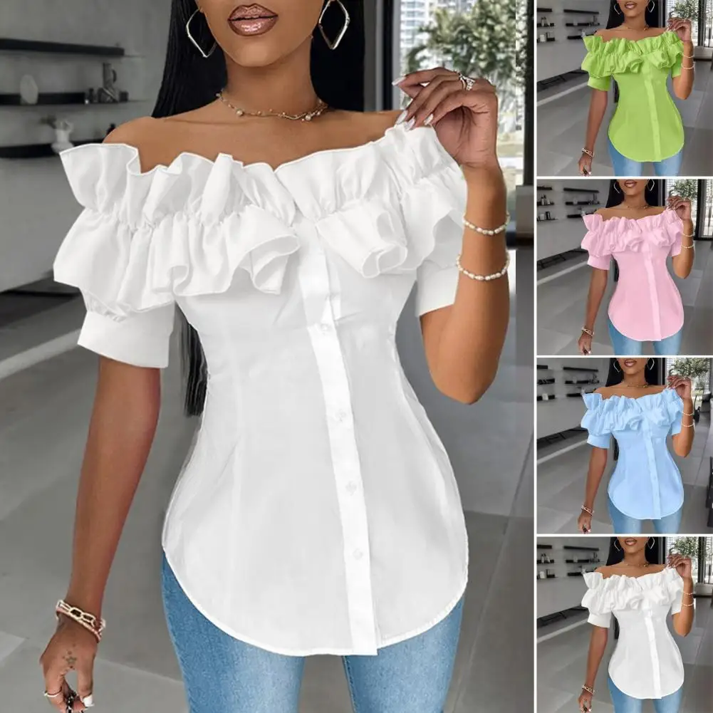 

Women Shirt Stylish Off Shoulder Ruffle Shirt Lightweight Polyester Women's Blouse Solid Color Slim Fit Top for Workwear