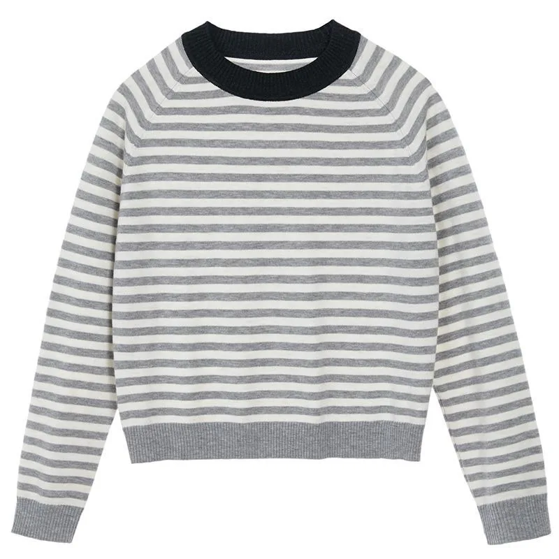 Модный и универсальный полосатый свитер контрастного цвета с круглым вырезом и длинными рукавами для женщин весной и осенью, элегантный топ