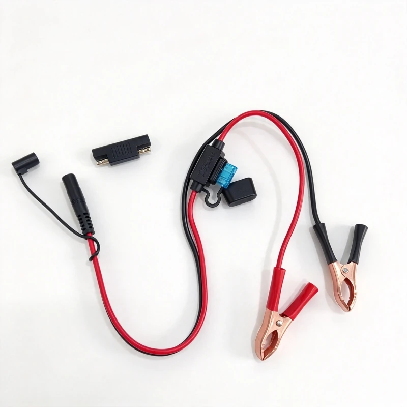 12AWG SAE to Alligator Clip Cable with Blue Fuse & SAE Adapter Half-Sheathed Insulated / Standard 30A Alligator Clip