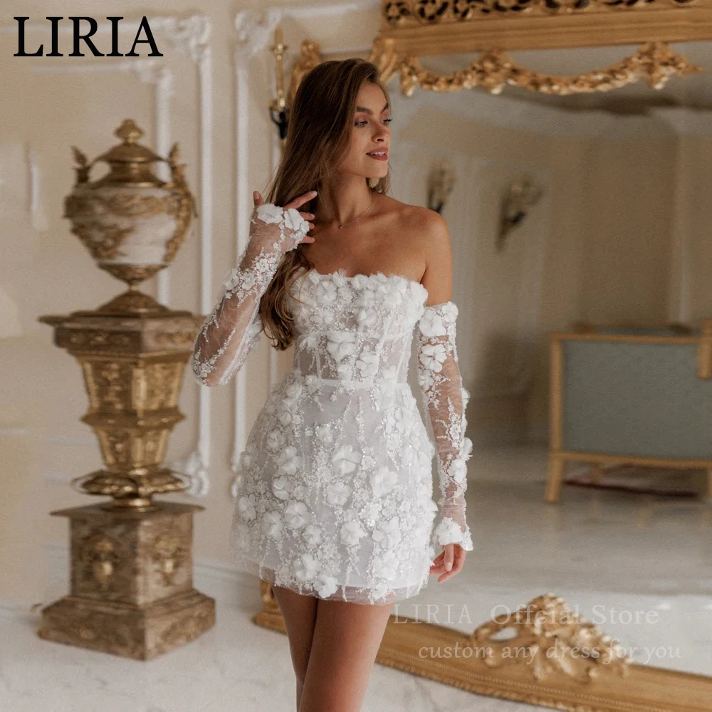 LIRIA Detachable Long Sleeves Short Wedding Dress Mini Elegant 3D Flower Lace Customized Delicate Strapless Beading Bridal Dress