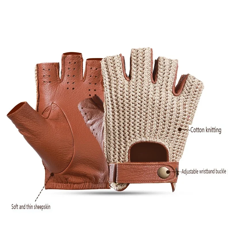 Men Retro Half Finger Leather Motorcycle Gloves Breathable Knitted Fingerless Glove Knuckle Protection For Offroad Motocross