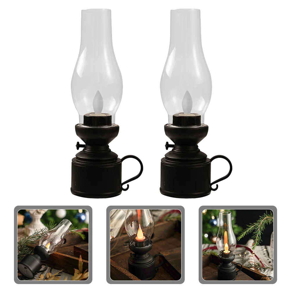 2 Pcs Retro Glowing Kerosene Lamp Lanterns Vintage LED Outdoor Oil Plastic Pp Tea Light