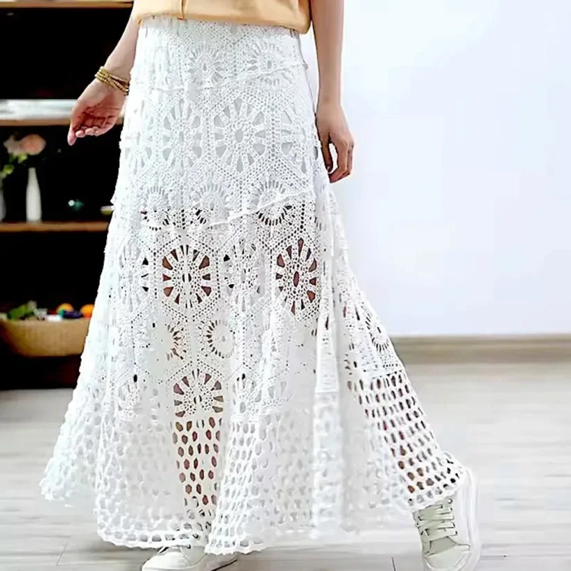 Bohemian Crochet Maxi Skirt Hollow Out Open-Knit Lace Skirt Summer Boho Beach Long Dress Women Resort Wear