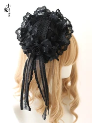 Fascia per capelli nera Lolita originale fiocco in pizzo Kc Topper Oversleeves Flower Pill forcine per capelli