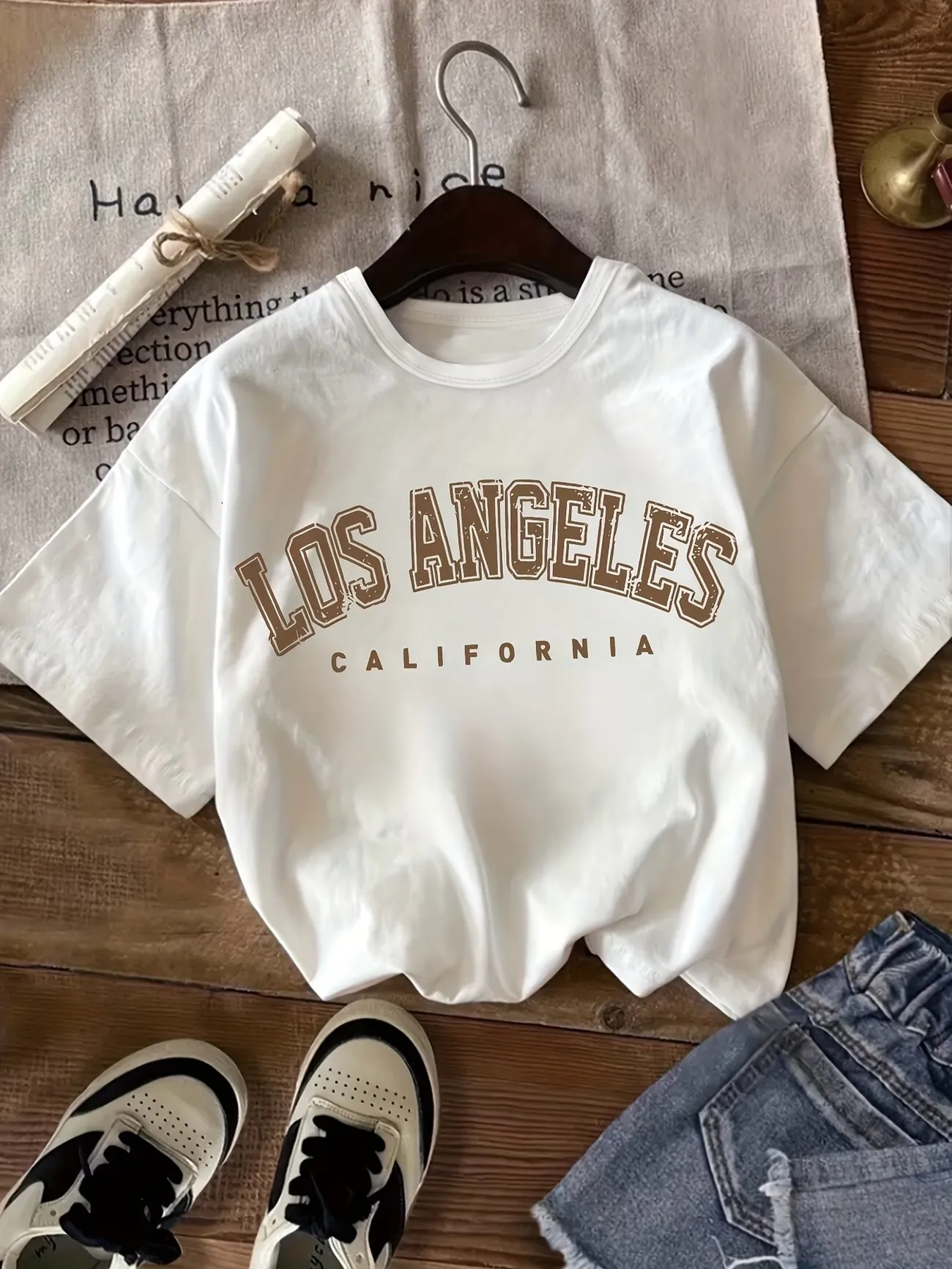 Retro Streetwear Los Angele California Letter Print T Shirts Short Sleeved Kids Children's T-shirt Boys Girls Casual Top Tee