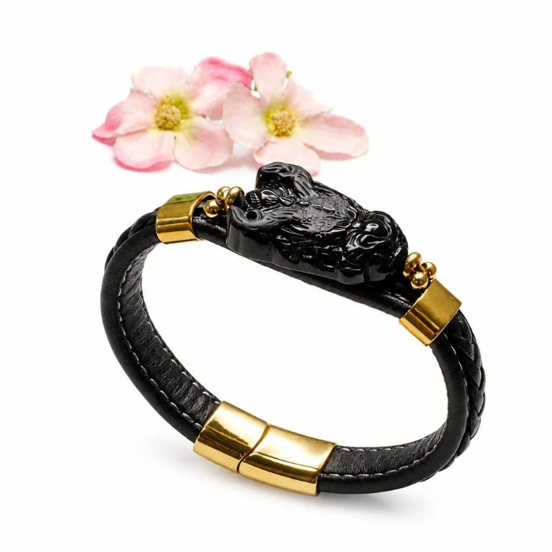 Natural Black Jadeite Ink Jade Carved Zodiac Dragon Brand Bracelet Fashionable and Domineering Amulet Men Women Couples Gift
