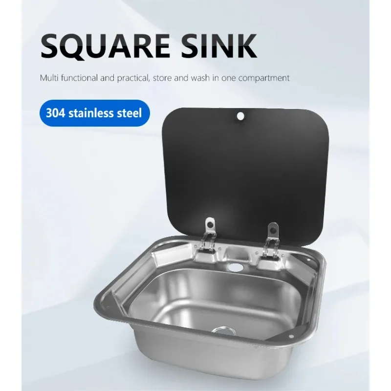Folding RV Caravan 420 mm Tempered Glass Cover Square and Stainless-Steel RV Accessories Kitchen Caravan Sink
