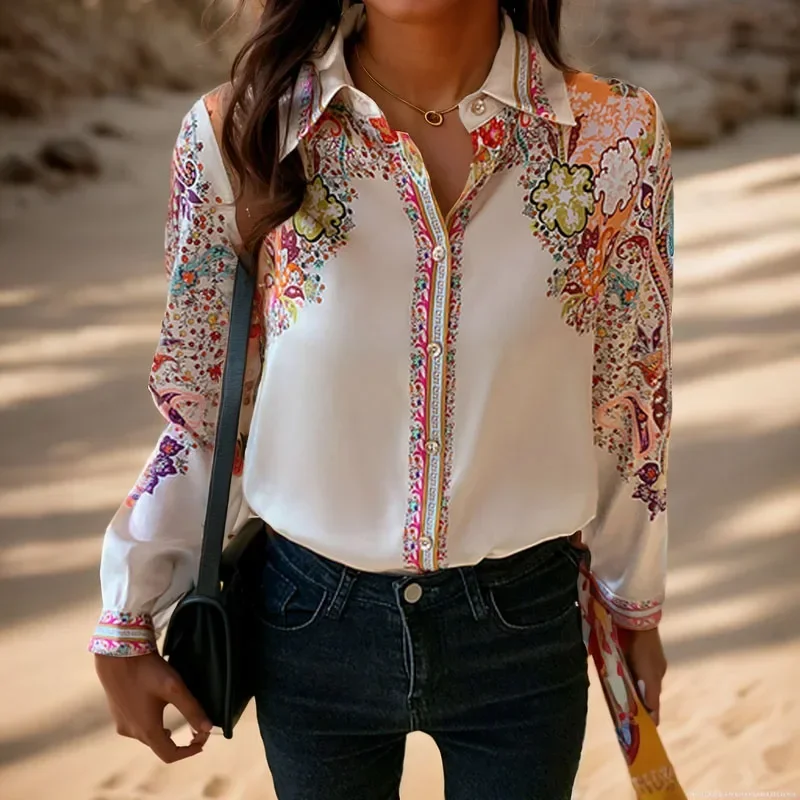 New Long Sleeve Silk Shirts Women Elegant Satin Blouse Fashion Floral Print Clothes Woman Button Up Ladies Tops Blusas 18440