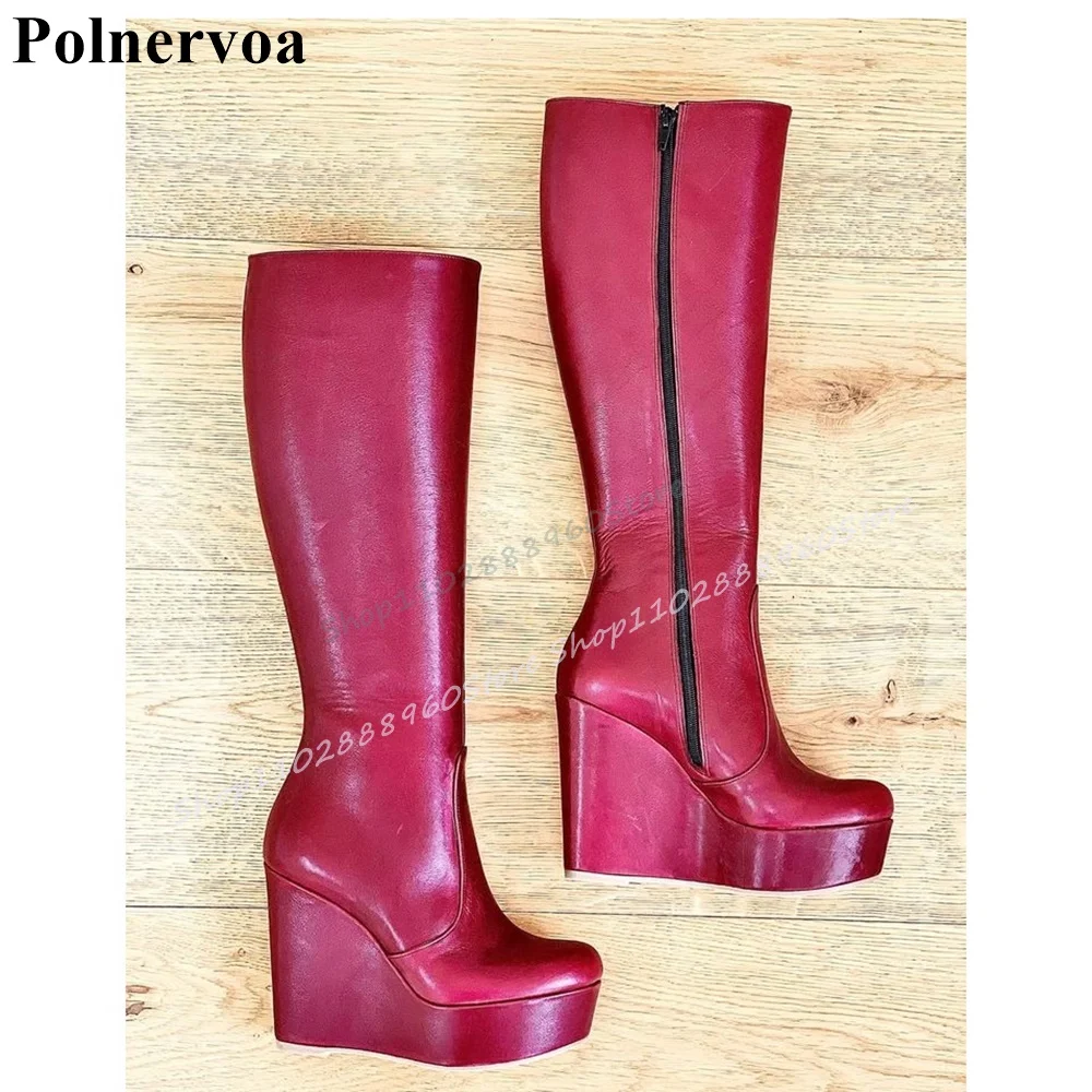 Slanke Kniehoge Grijze Lederen Platform Laarzen Wiggen Hoge Hak Casual Damesschoenen Zijrits Ronde Neus 2025, Zapatos Para Mujere