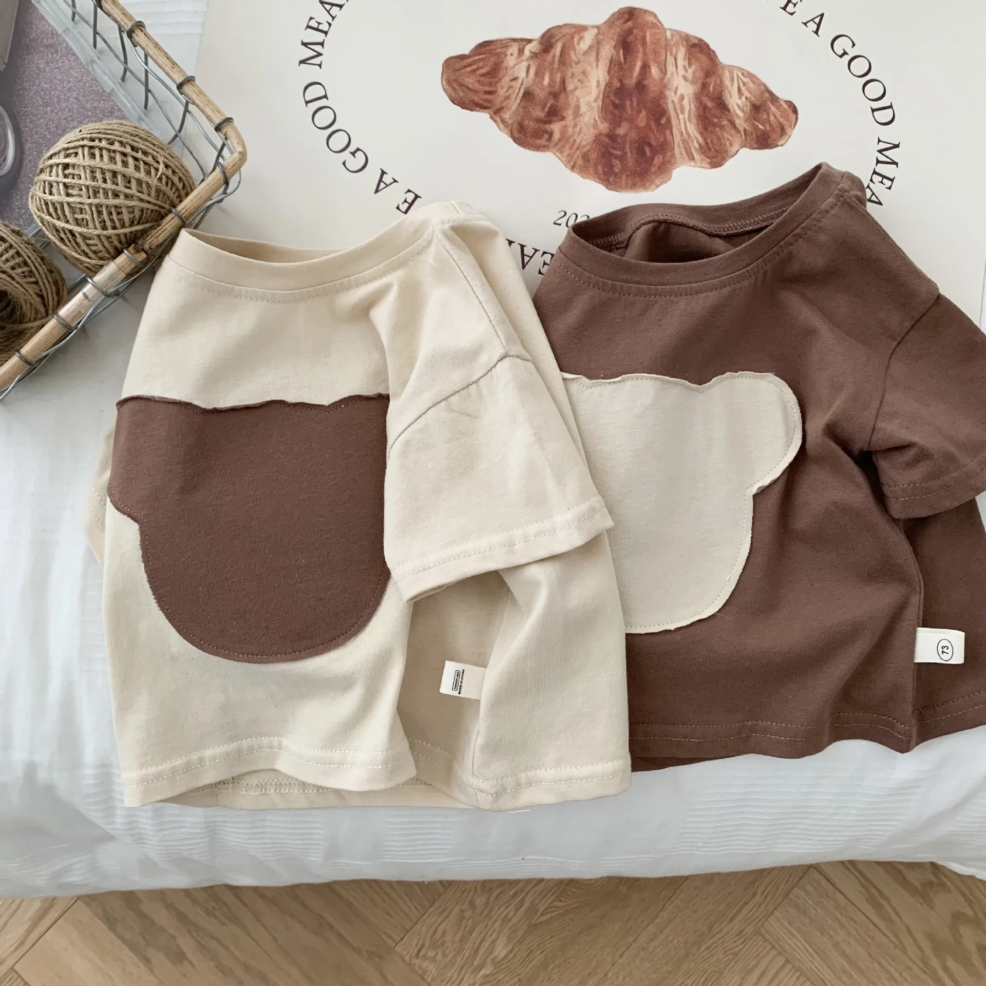 Kid Short Sleeves Casual T-shirt Summer Boy Children Patchwork Bear Bottoming Shirt Girl Baby Cotton Fashion Loose Simpler Tees