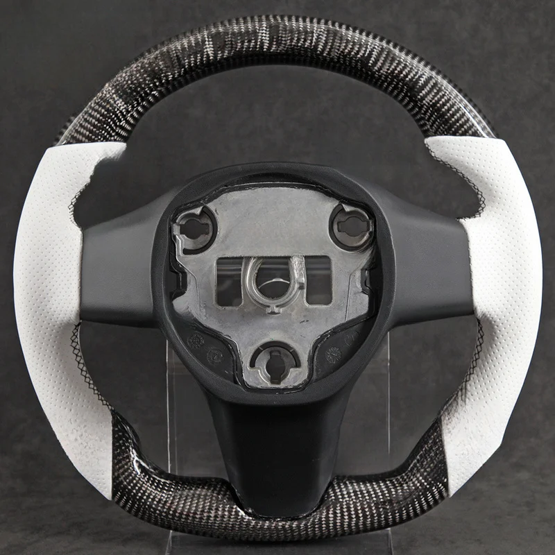 For Tesla Model 3 Y Steering Wheel Horn Cover White Perforated Leather Black Carbon Fiber Custom Horn Shell - view 3