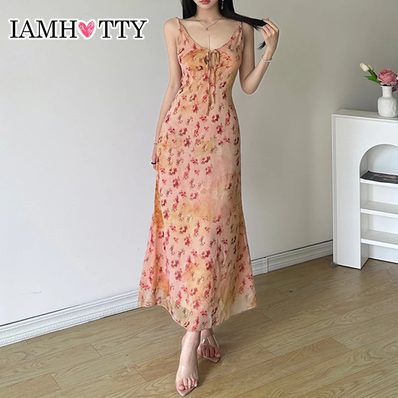 

IAMHOTTY Boho Aesthetic Floral Print A-line Long Dress Holiday Party Korean Style Cut Out Lace-up Bow Sleeveless Maxi Sundress