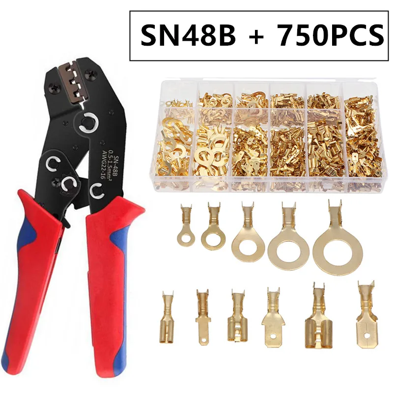 750Pcs 2.8/4.8/6.3mm Spade Crimp Terminals & M3 -M10 Ring Lugs Ring Eyes Crimp Terminal Cable Lug Wire Connector SN-48B Pliers