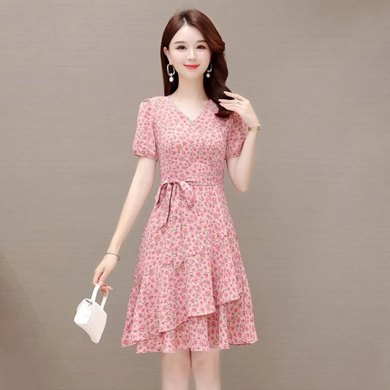 Elegant V-Neck Printed Spliced Ruffles Bandage Floral Dress Women's Clothing 2025 Summer New Loose Office Lady Prom Dresses