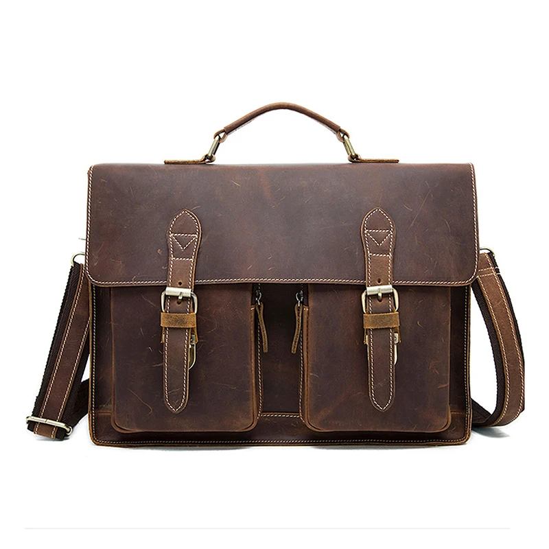 Vintage Top Layer Cowhide Briefcase Genuine Leather Bag for Men Executive 14 Inch Laptop Large Handbag Business Shoulder Bag