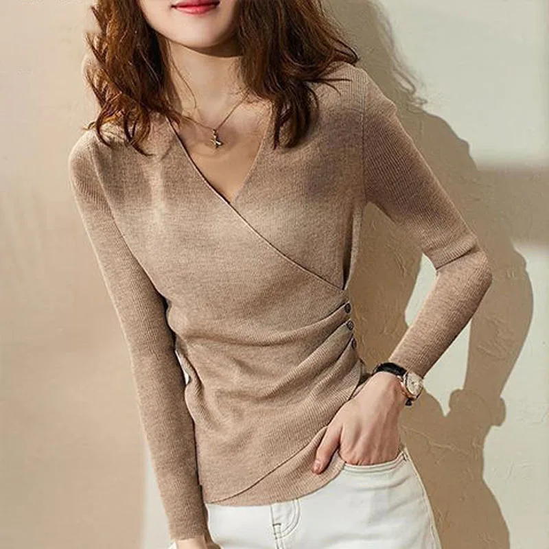 Autumn Women\'s New Fashion Sexy V-Neck Irregular Bottom Shirt Versatile Foreigner Long Sleeve Knitted Top Slim Fit Sweater