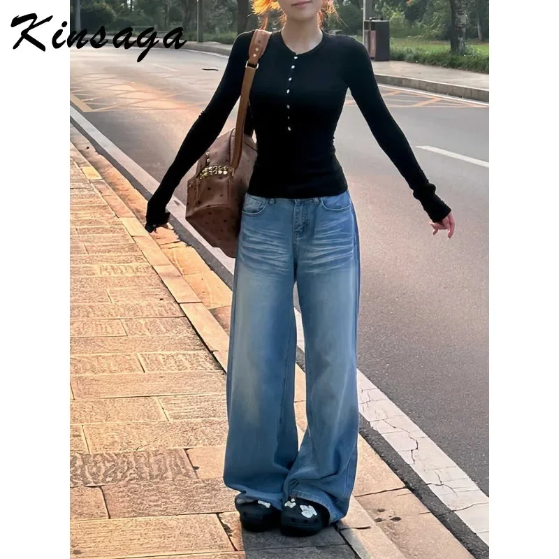 Women's American vintage wash blue jeans high waisted baggy  crease straight leg wide-leg pants slouchy jeans