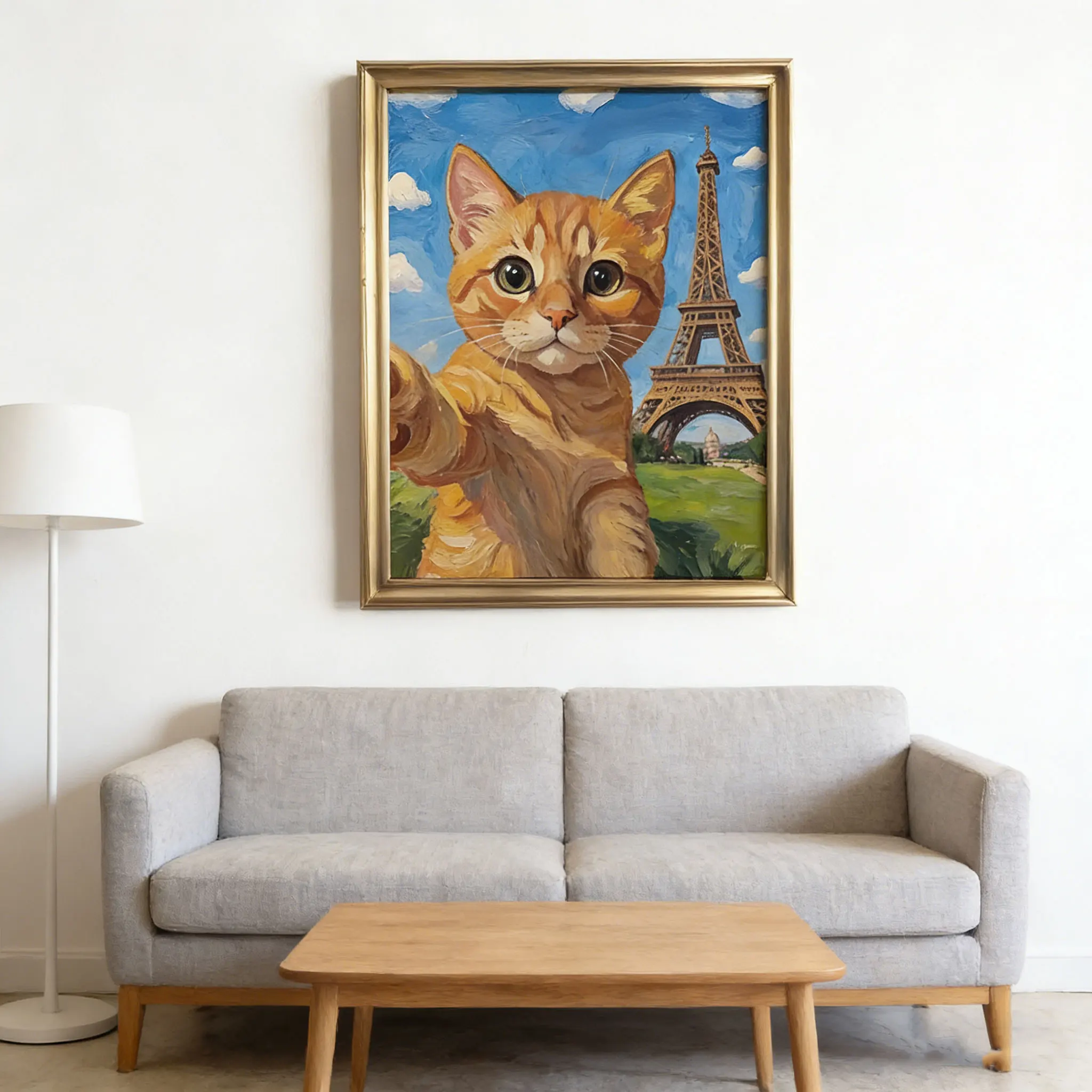 Kitten Eiffel Tower Selfie Art Print: Cute Adorable Conversation Piece Oil Painting, Funny One of a Kind Decor, Home Dorm Apartm