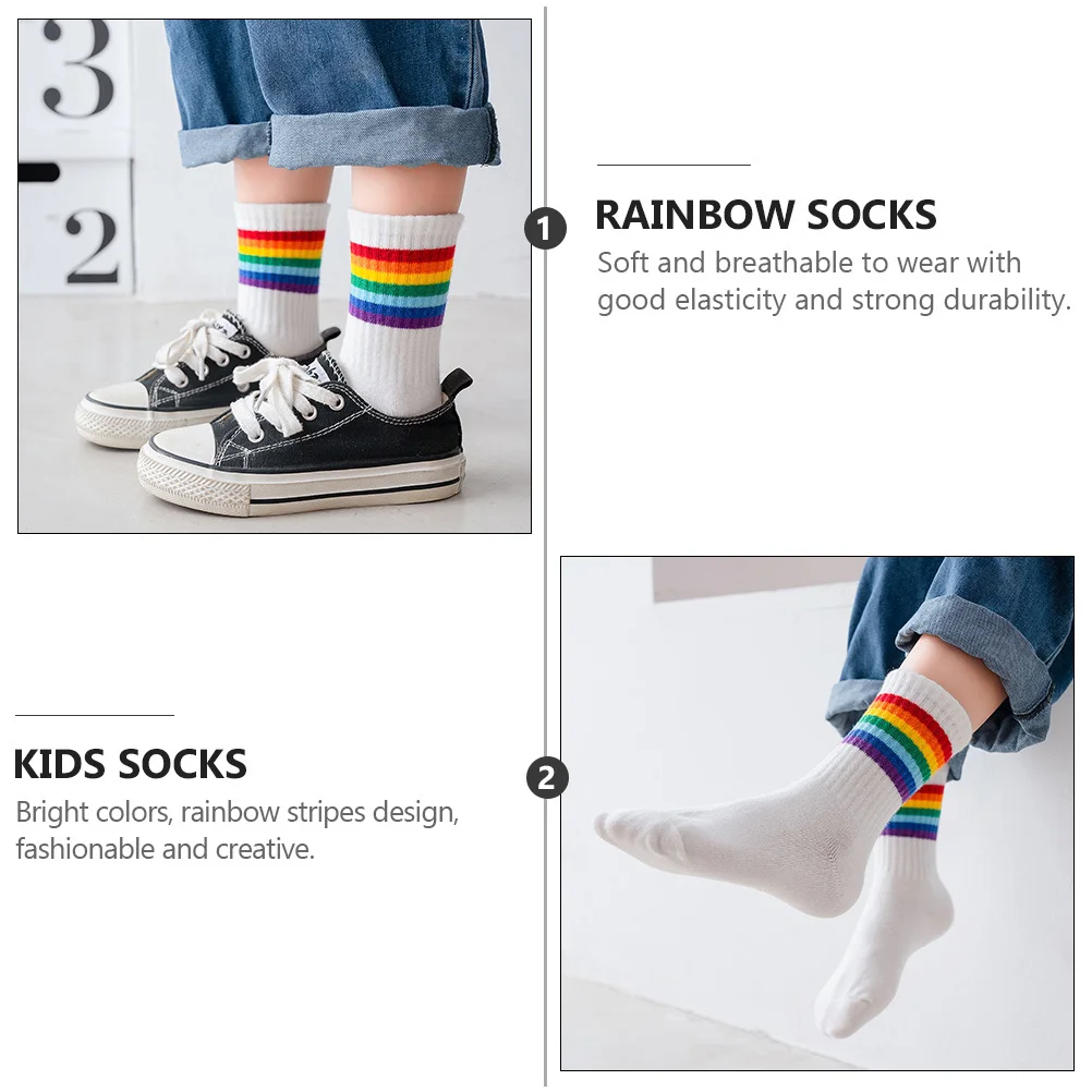 

3Pairs Children Breathable Cotton Socks Rainbow Stripes Mid-Calf Length Kids Daily Casual Wear Comfortable Socks