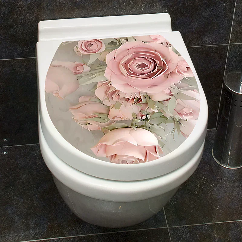 1PC WC Pedestal Pan Cover Sticker Toilet Stool Commode Sticker Home Decor Bathroon Decor 3D Printed Flower View Decals