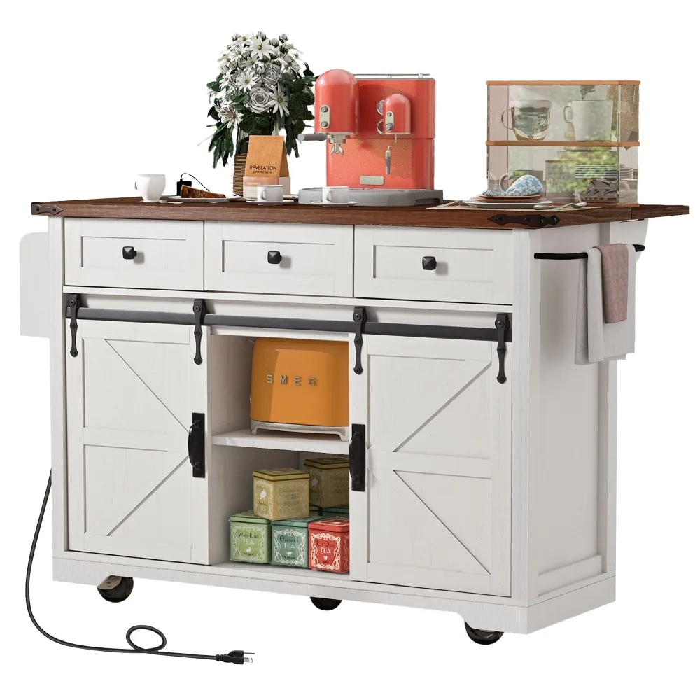 

53.7" Farmhouse Kitchen Island with Power Outlet, 2 Sliding Barn Door Kitchen Storage Island