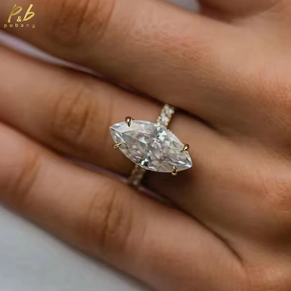 

PuBang 3EX VVS1 D Color Real Moissanite Ring 18k Gold 9 Carat Crushed Ice Marquise Cut 14k Yellow Gold Wedding Band For Women
