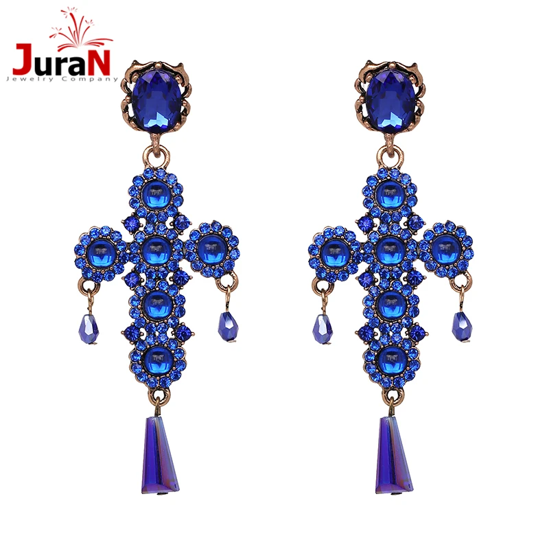 JURAN Vintage Statement Dangle Cross Earrings for Women Luxury Big Crosses Crystal Long Tassel Drop Earrings Jewelry 2024 Trend