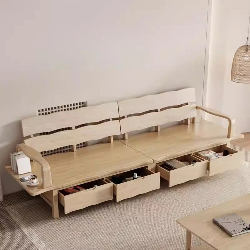 Japanese-style log solid wood large board storage sofa Nordic simple ash wood drawer winter and summer dual-purpose sofa four